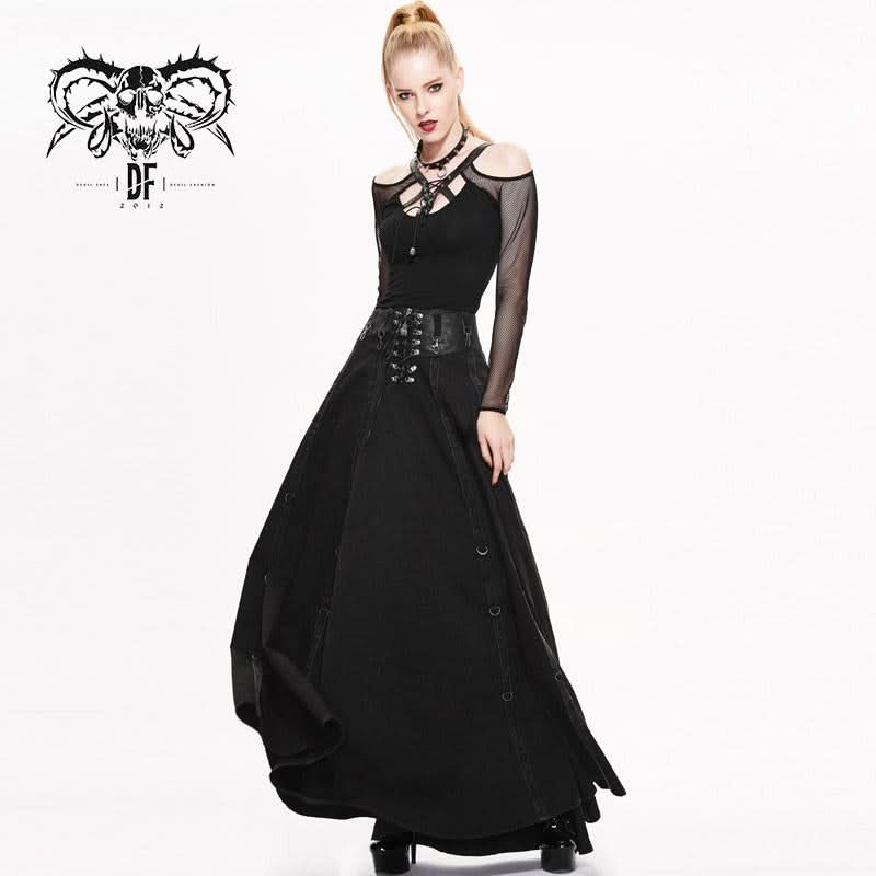 'Take a Bow' Flowy Punk Long Skirt with a Leather Waistband