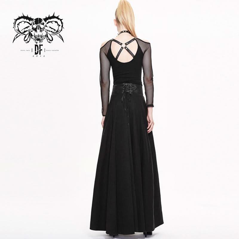 'Take a Bow' Flowy Punk Long Skirt with a Leather Waistband