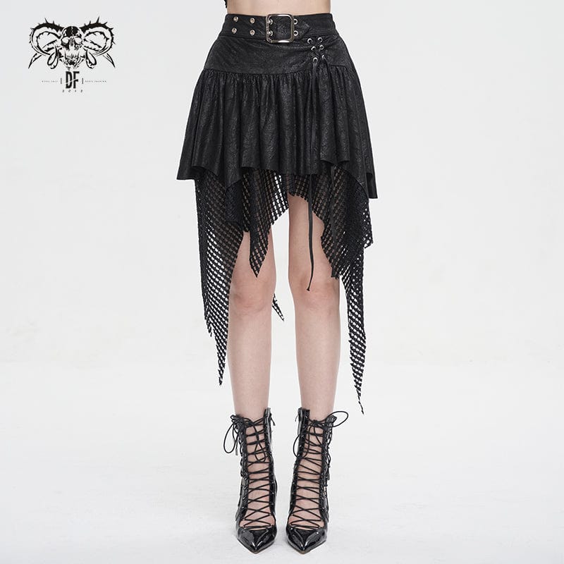 Women’s Gothic Irregular Mesh Splice Buckle Skirt Black