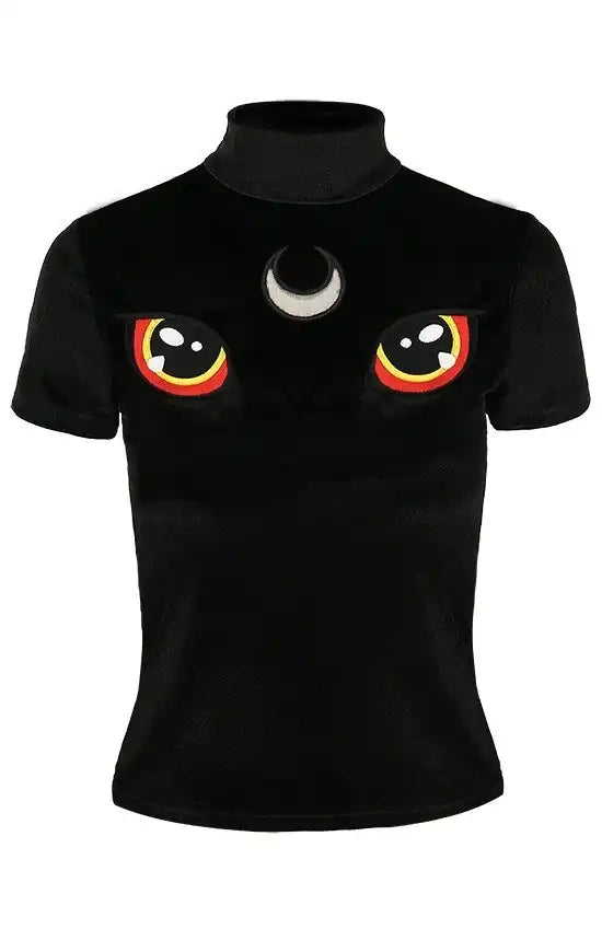 Black Velvet Cat Top with embroidery I SEE YOU