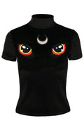 Black Velvet Cat Top with embroidery I SEE YOU