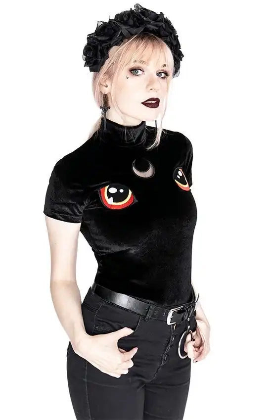 Black Velvet Cat Top with embroidery I SEE YOU