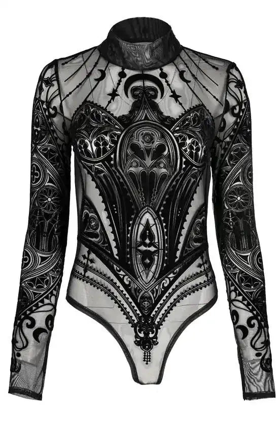 Black gothic MESH BODYSUIT CATHEDRAL CORSET