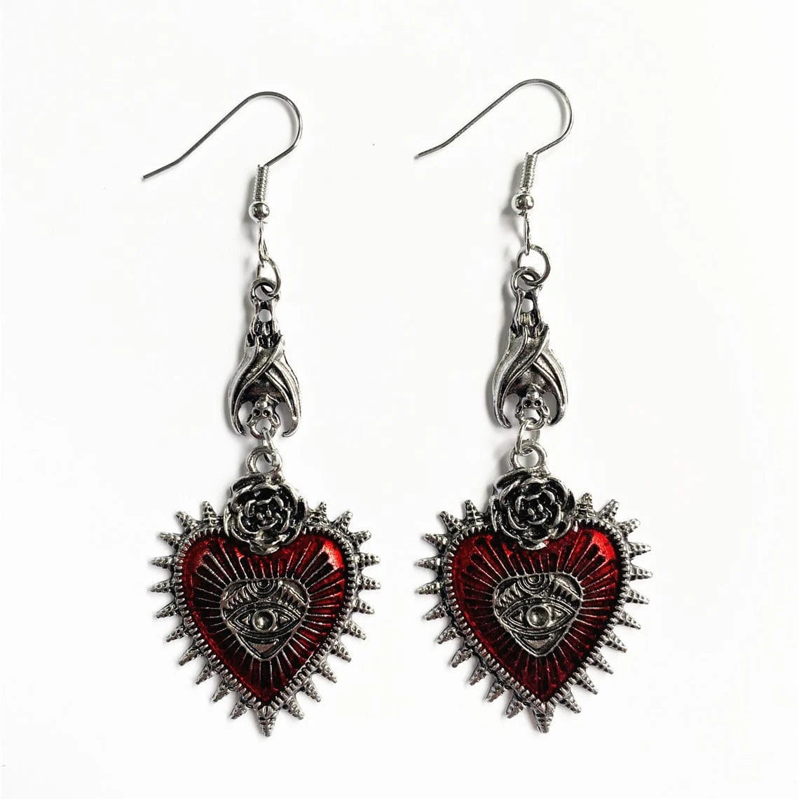 Women’s Gothic Bat Evil Eye Red Heart Earrings