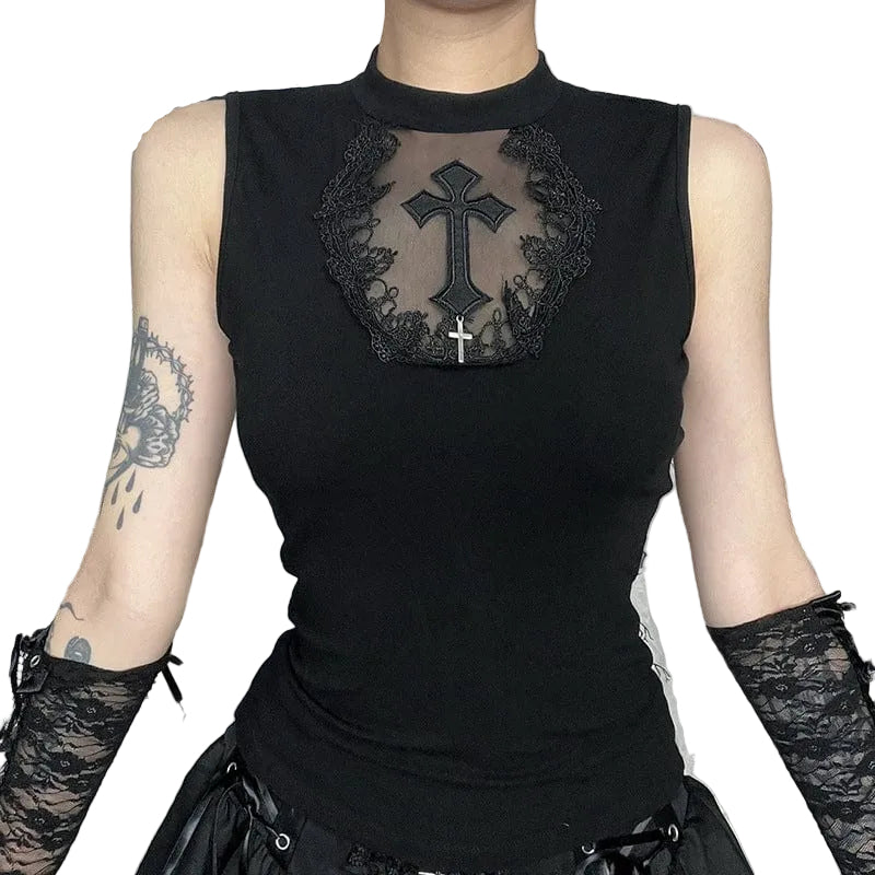 Women’s Gothic Cross Mesh Splice Tank Top