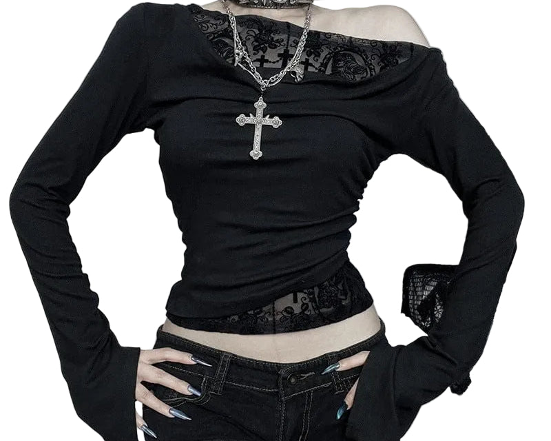 Women’s Gothic Lace Slash Side Long Sleeved Crop Top