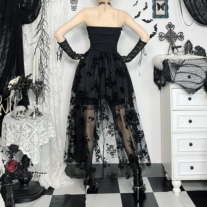 Women’s Gothic Off-the-shoulder Floral Mesh Splice Party Dress