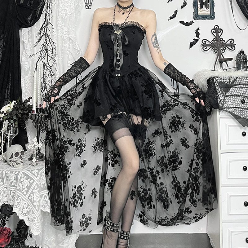 Women’s Gothic Off-the-shoulder Floral Mesh Splice Party Dress