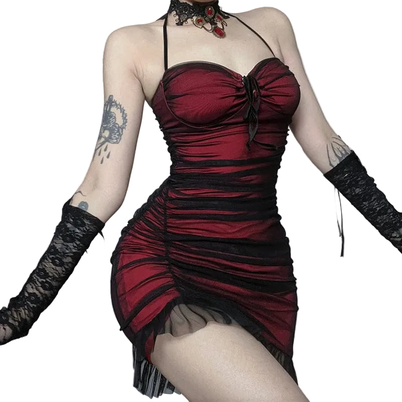 Women’s Gothic Ruched Cutout Halterneck Dress