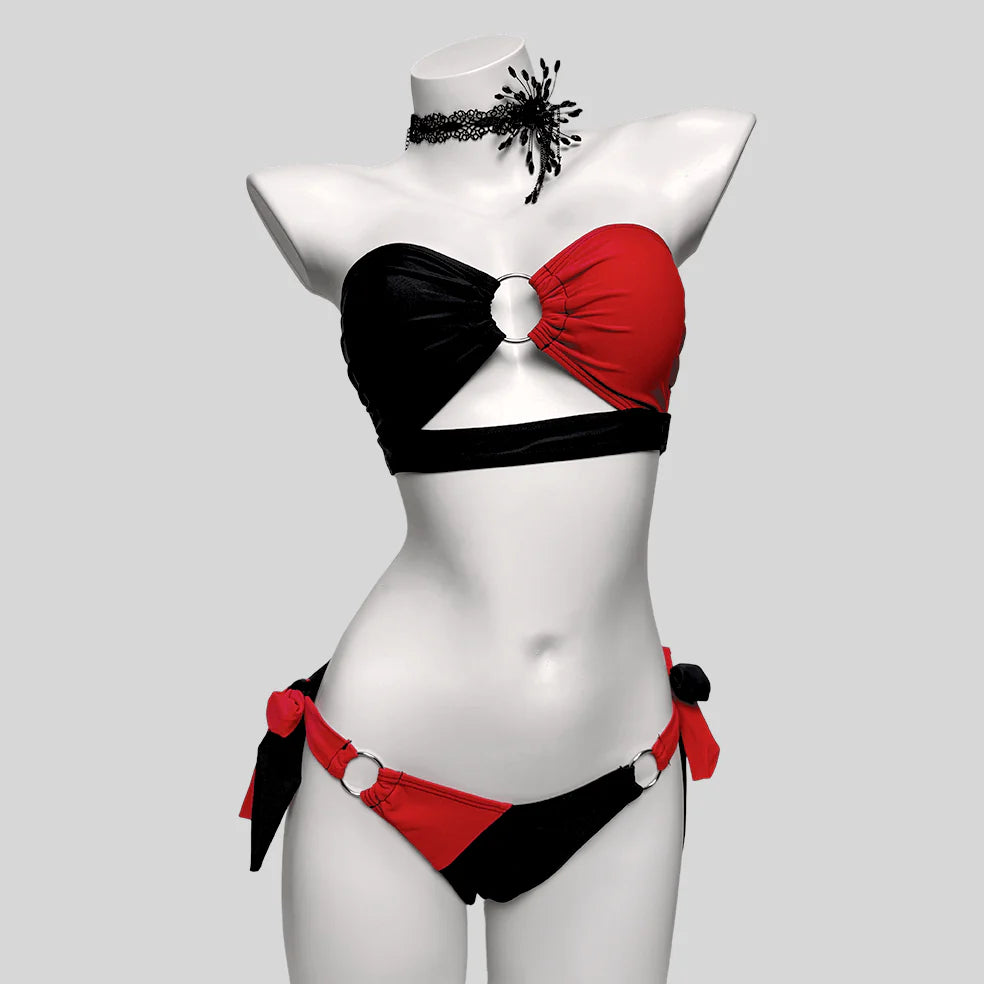 Women’s Grunge Contrast Color Ring Tie Side Bikini Set