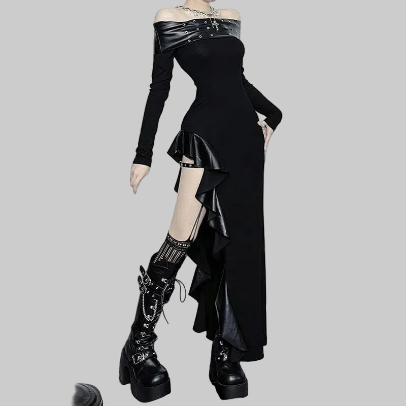 Women’s Punk Eyelets Irregular Off Shoulder Hem Dress