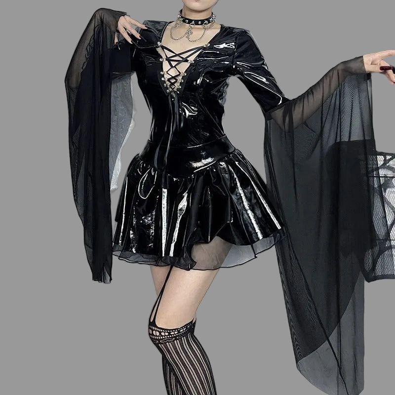 Women’s Punk Faux Leather Mesh Long Sleeved Bodysuit