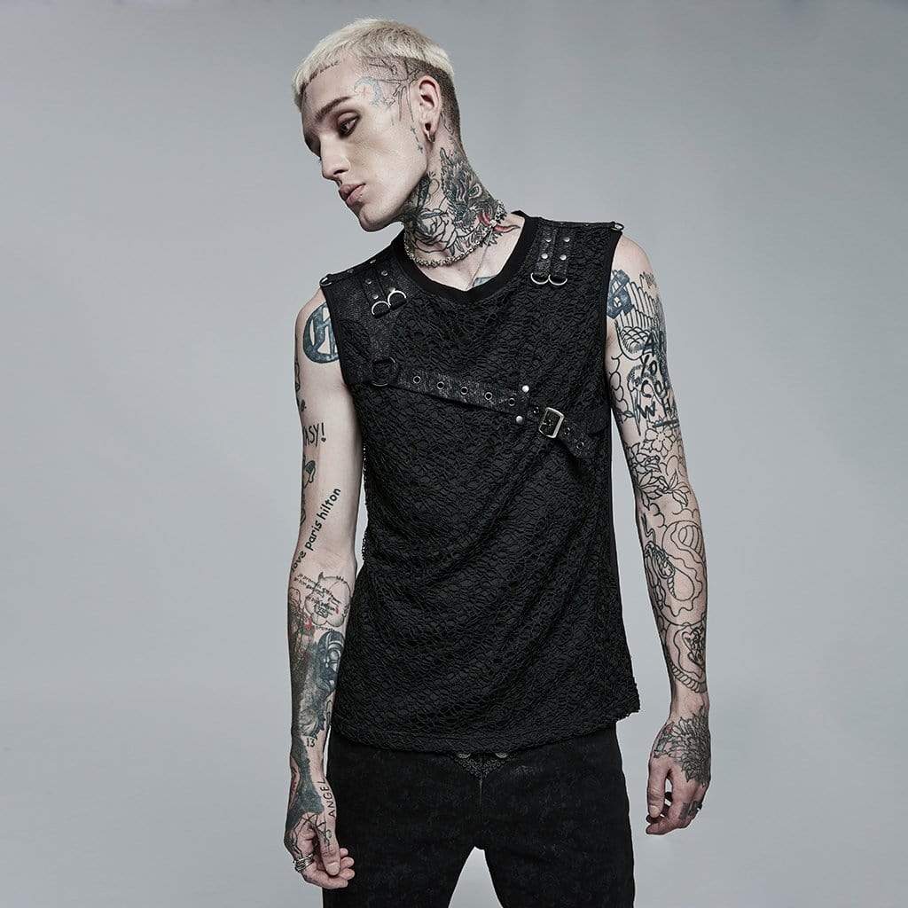 Men’s Punk Mesh Splice Buckle Tank Top