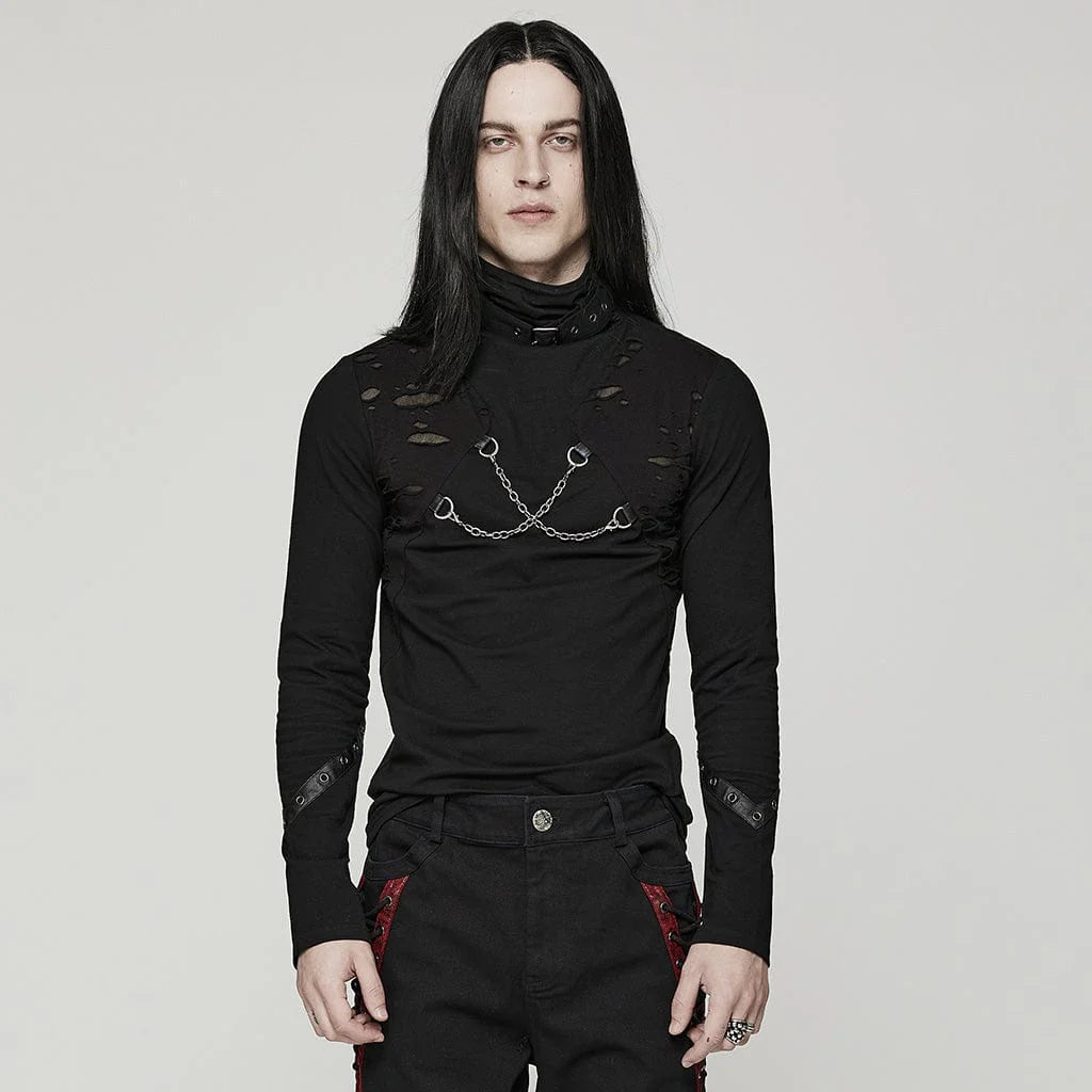 Men’s Punk Stand Collar Ripped Shirt