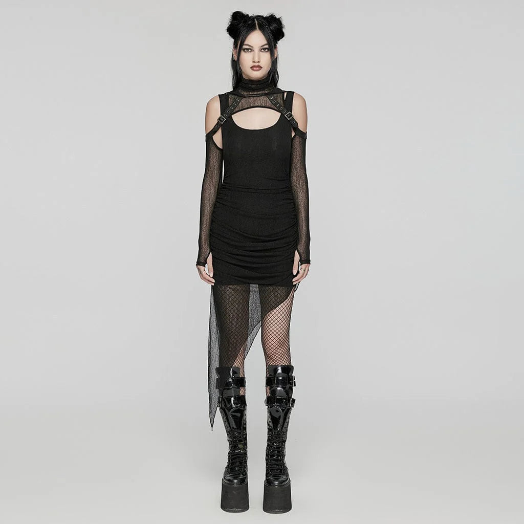 Women’s Punk Irregular Ruched Black Party Dress with Hooded Cape