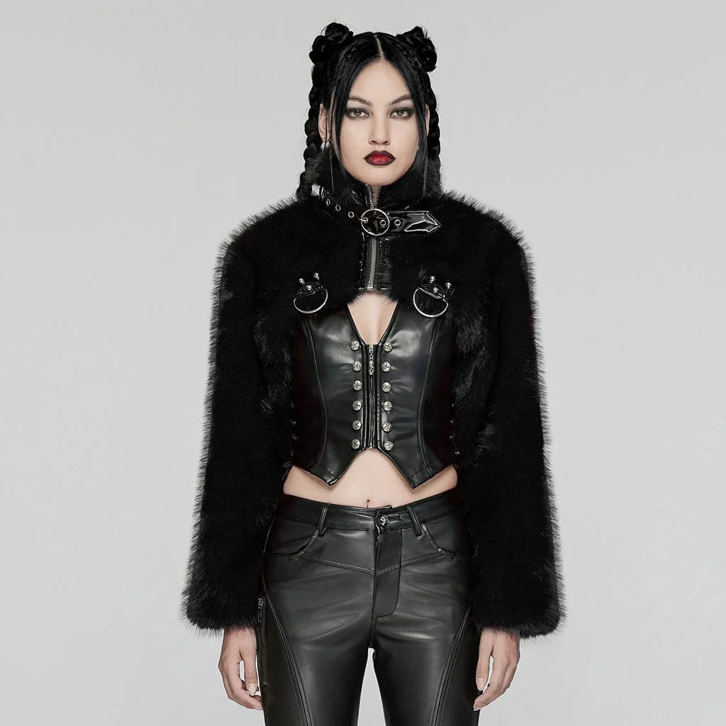 Women’s Punk Stand Collar Faux Fur Short Jacket Black
