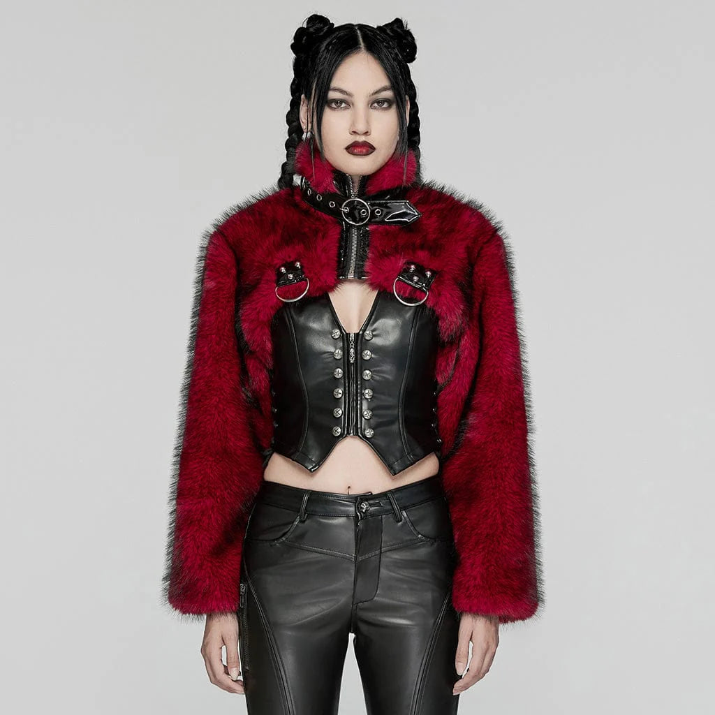 Women’s Punk Stand Collar Faux Fur Short Jacket Black