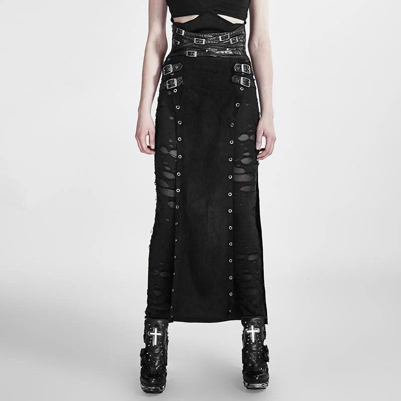 Women’s Steampunk Buckle Up Side Slit Maxi Skirt